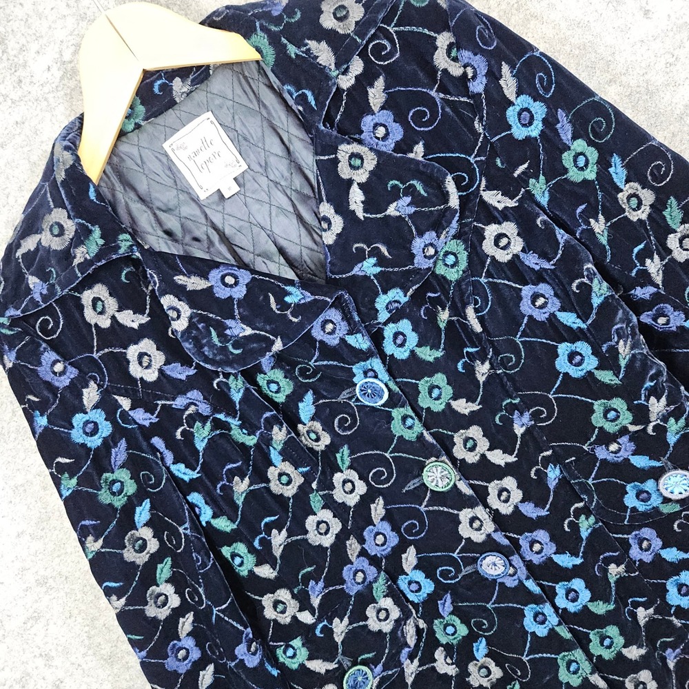 Nanette Lepore Women's Floral Embroidered Velvet Blazer Jacket Size 10 Navy Blue